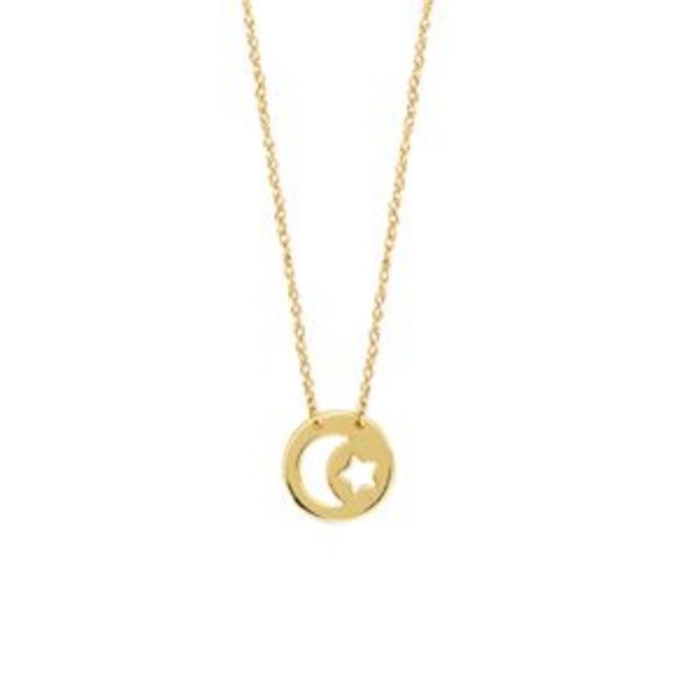 14K Solid Yellow Real Gold Moon Star Disk Dainty Necklace
